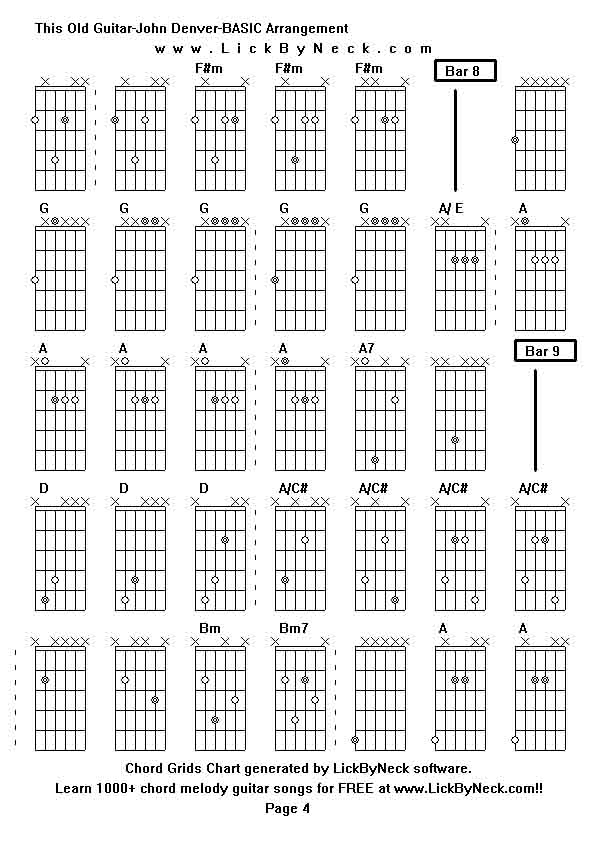 Chord Grids Chart of chord melody fingerstyle guitar song-This Old Guitar-John Denver-BASIC Arrangement,generated by LickByNeck software.